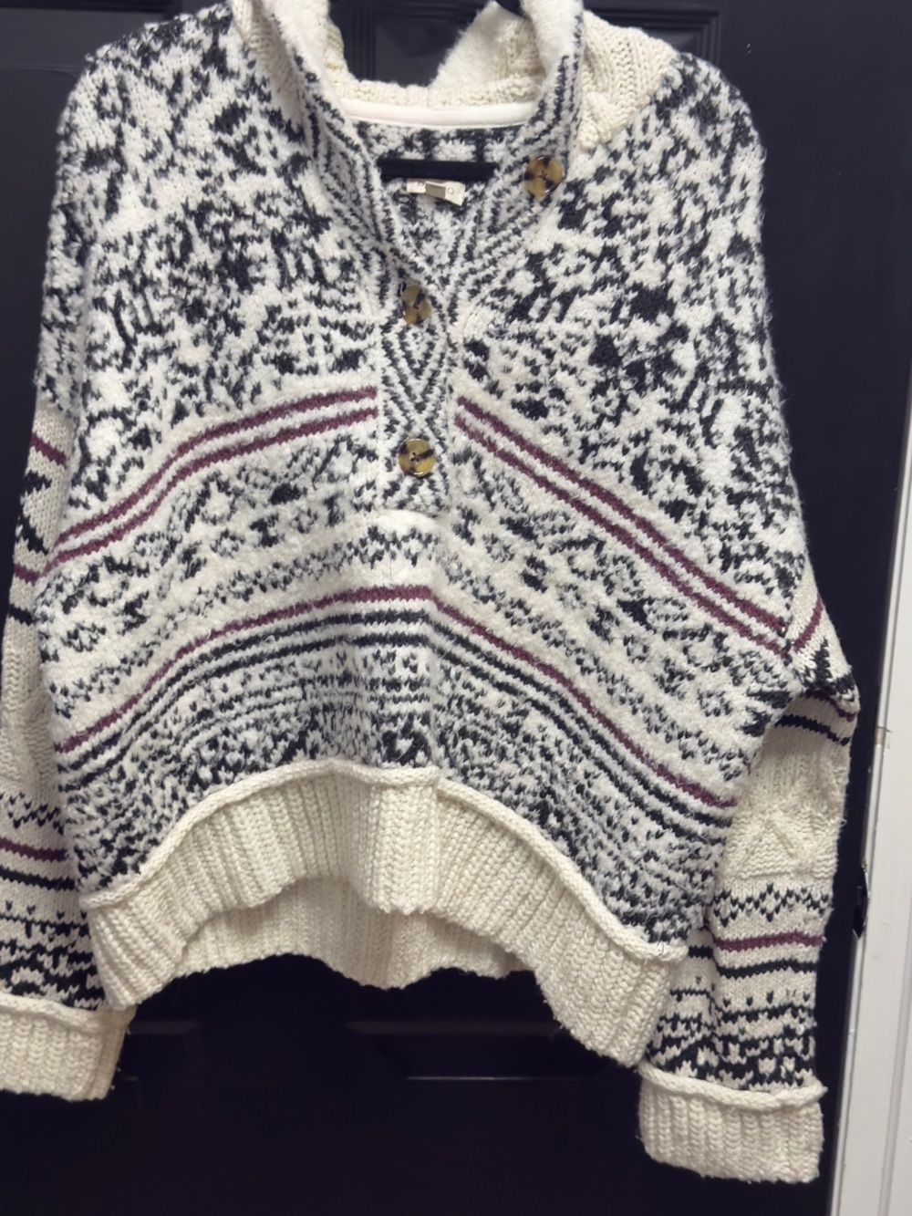 Pilcro Cream Knit Cowl Sweater with Black & Burgundy Stripes